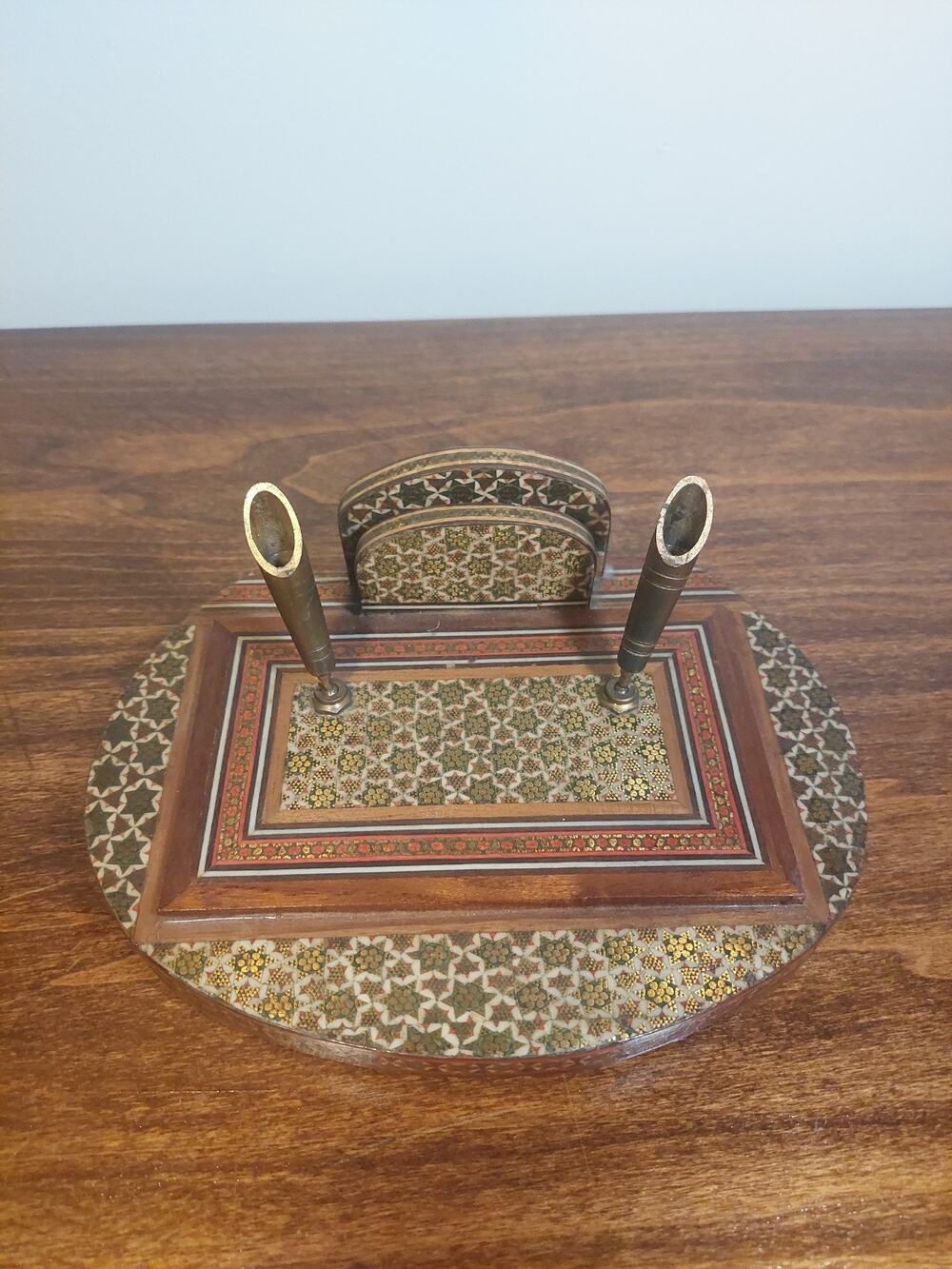 Vintage Persian Khatam Card Holder Marquetry Mosaic Double Pen Holder Desk Set